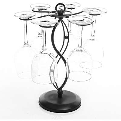 Black Metal Tabletop Wine Glass Stemware Storage Rack with 6 Hooks